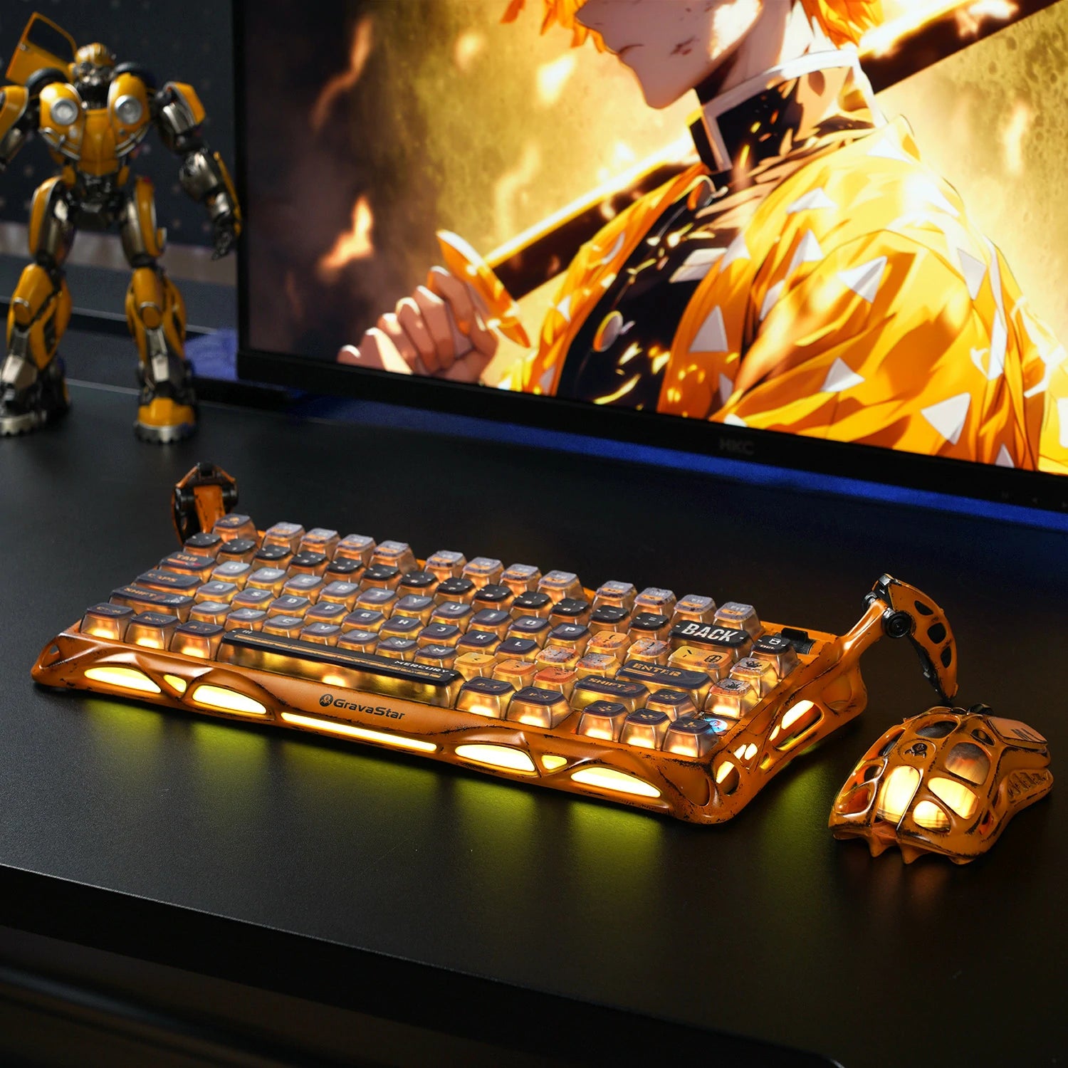 gravastar Mercury K1 Pro Battle-Worn Yellow vibrant LED lighting effects create a dynamic gaming atmosphere